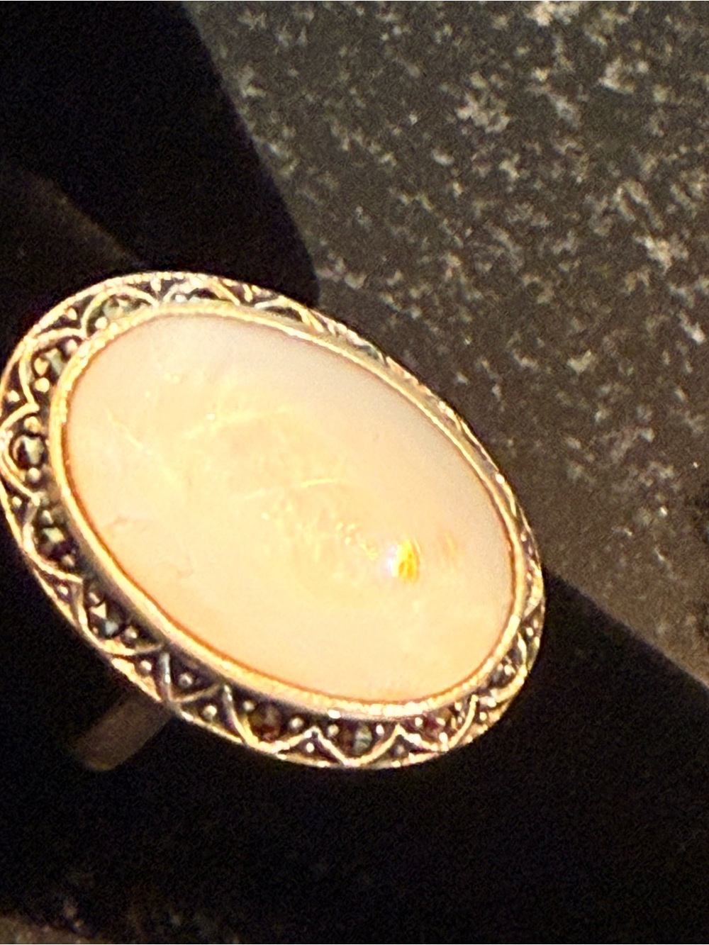 Sterling Silver and Marcasite Oval White Moonstone Cabochon Ring